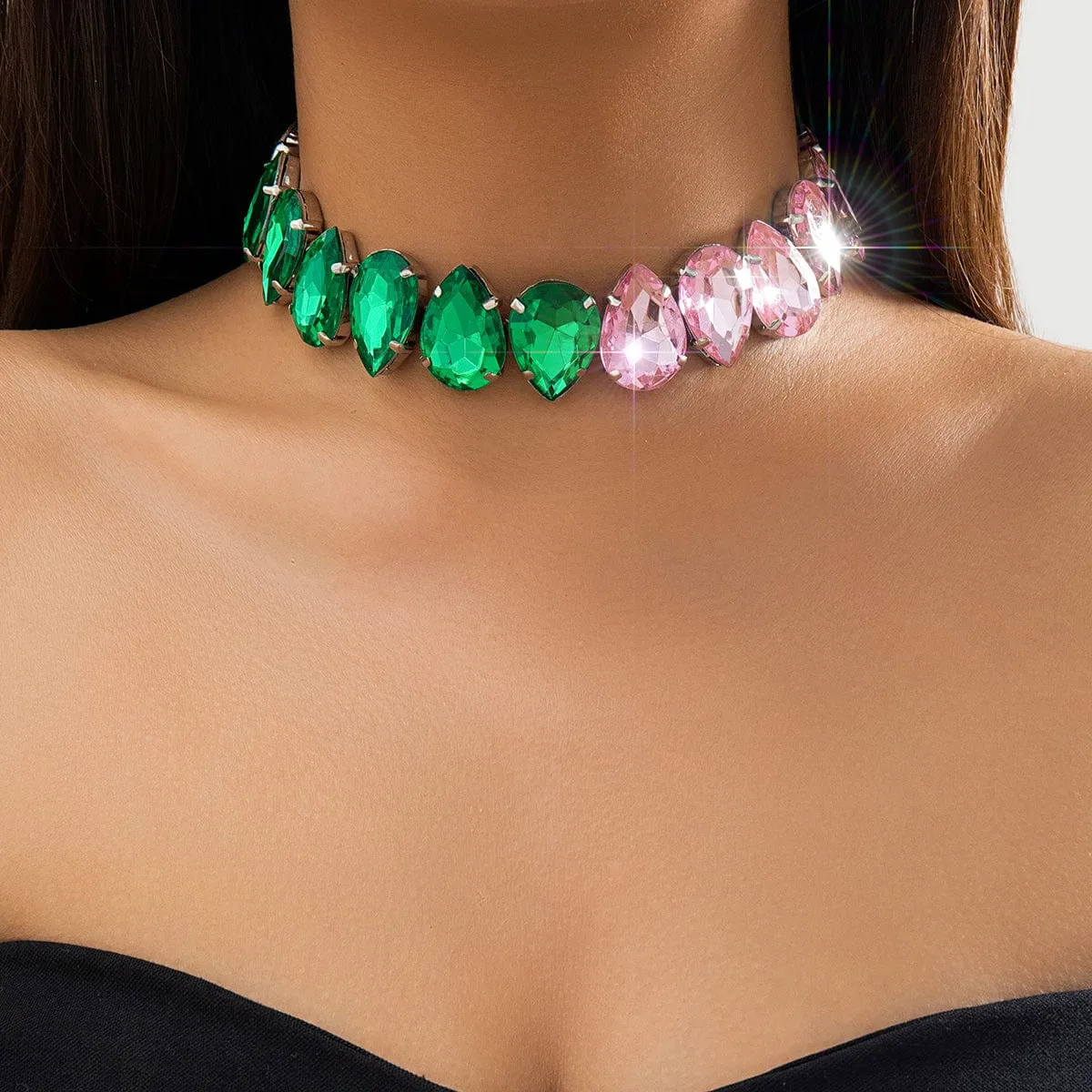 Boho Two Tone CZ Inlaid Waterdrop Choker Necklace
