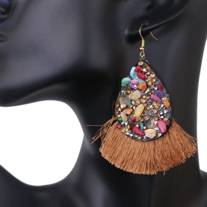 Brown Beaded Teardrop Tassel Earrings