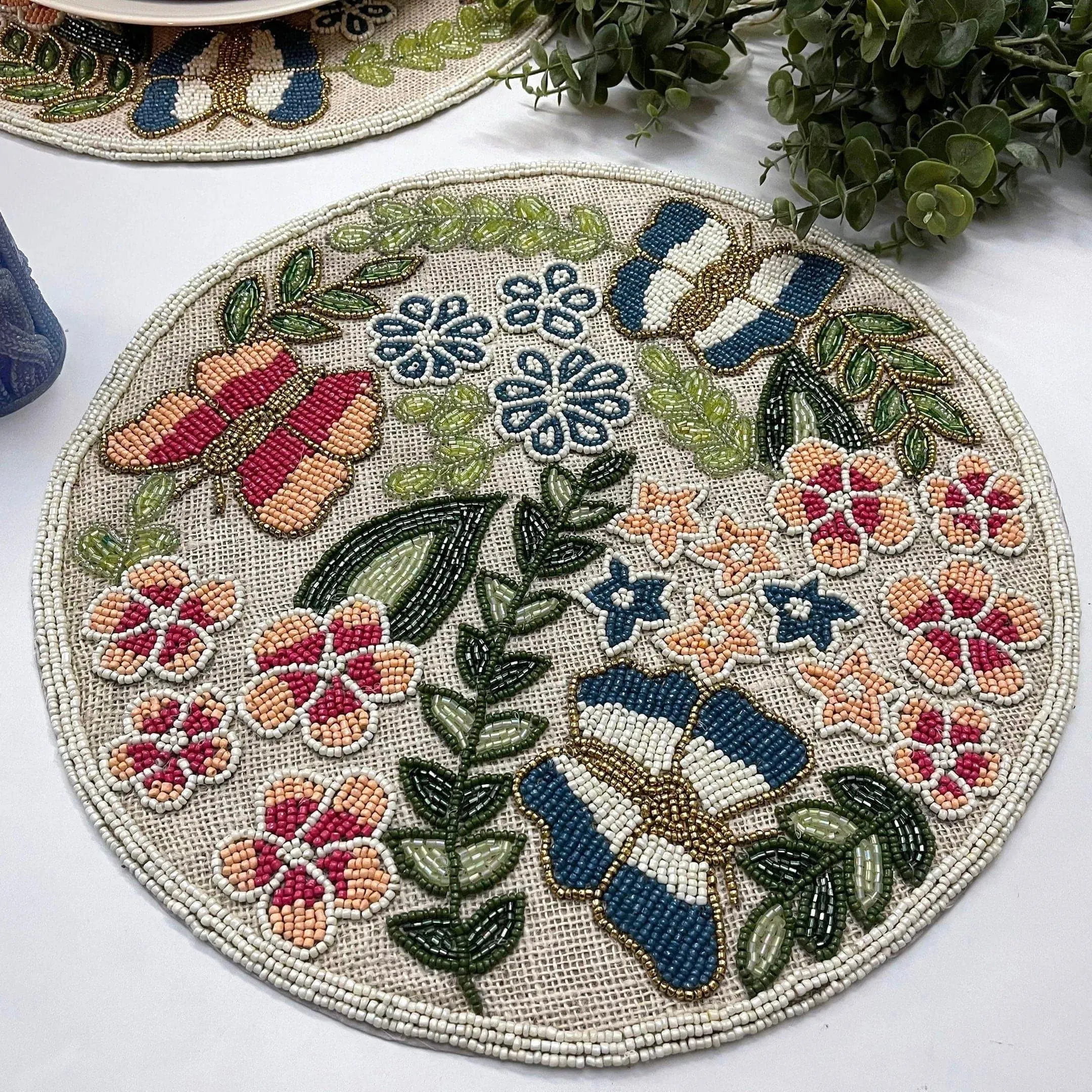 Butterfly and Flower Round Beaded Burlap Placemat
