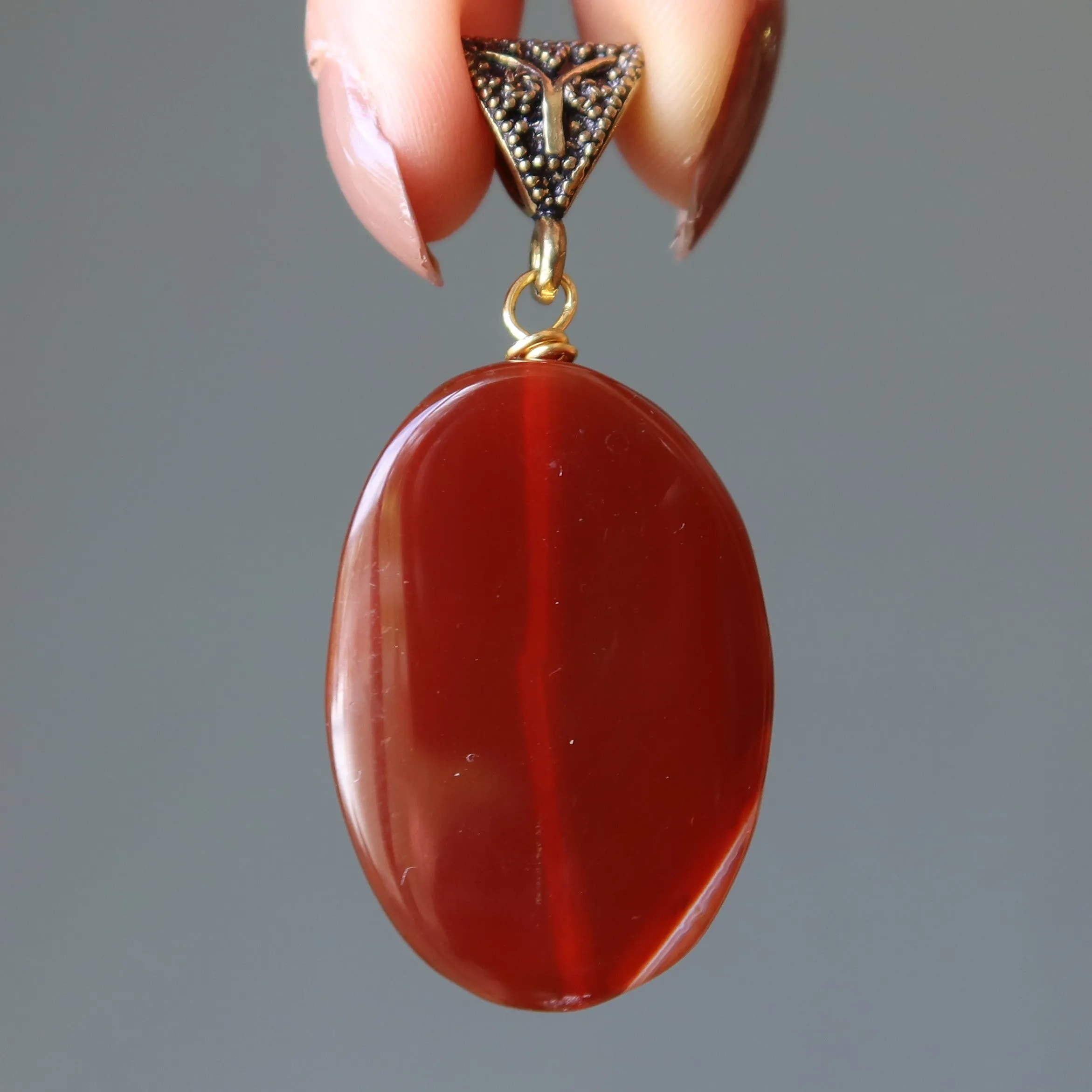 Carnelian Pendant Dark Red Oval Crystal Gold
