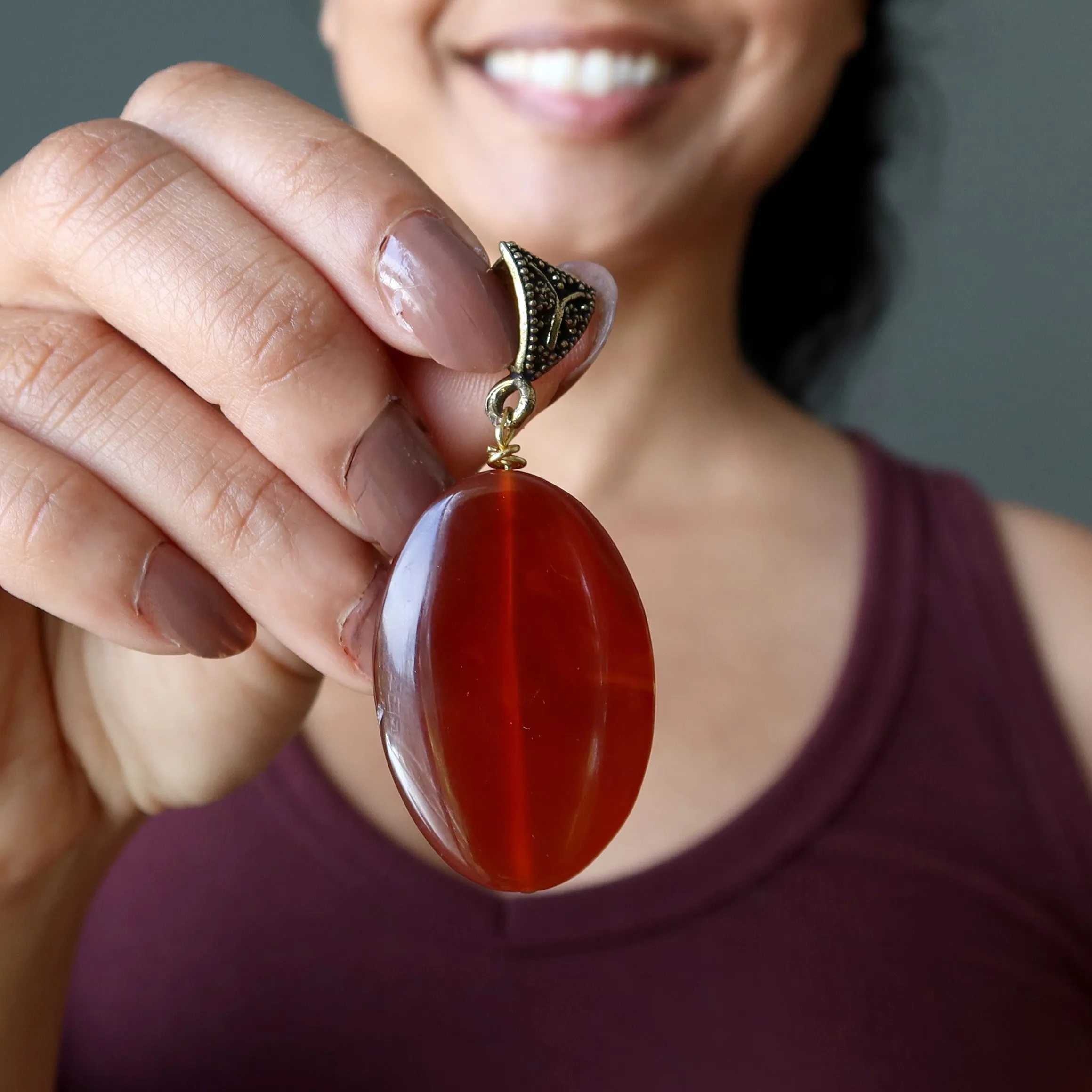 Carnelian Pendant Dark Red Oval Crystal Gold
