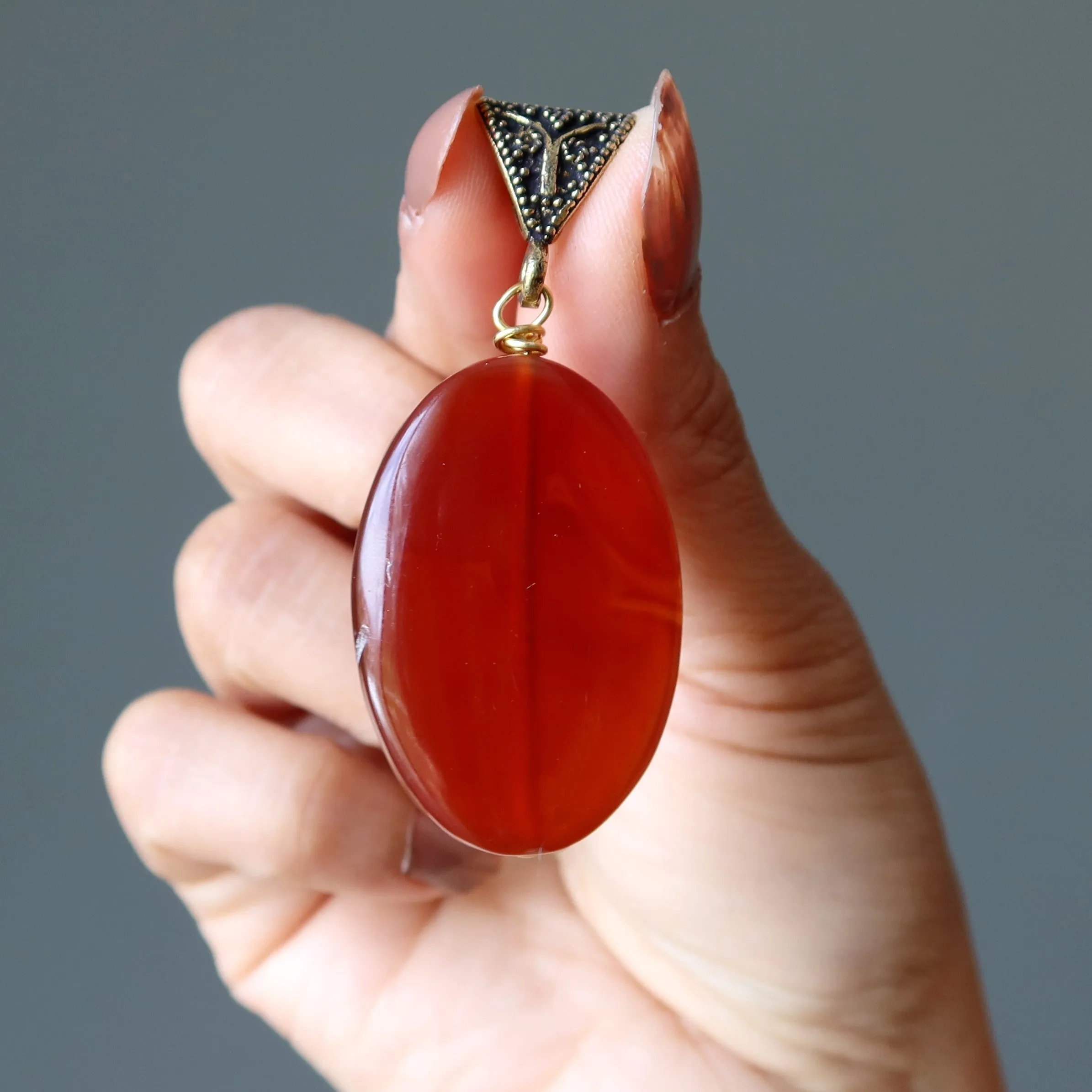 Carnelian Pendant Dark Red Oval Crystal Gold