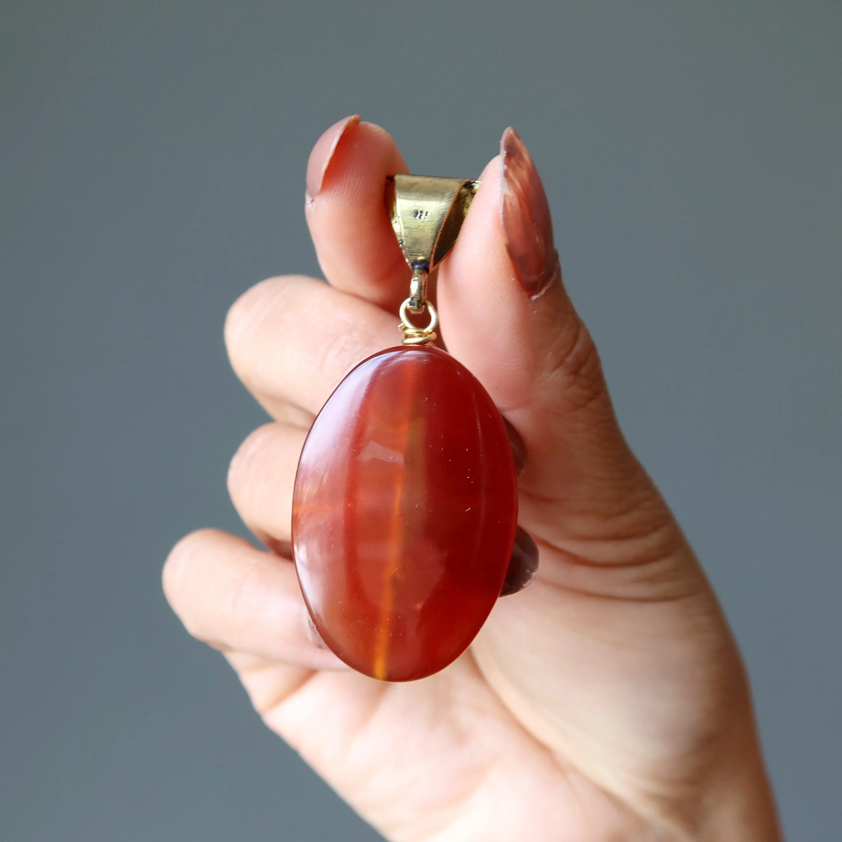 Carnelian Pendant Dark Red Oval Crystal Gold
