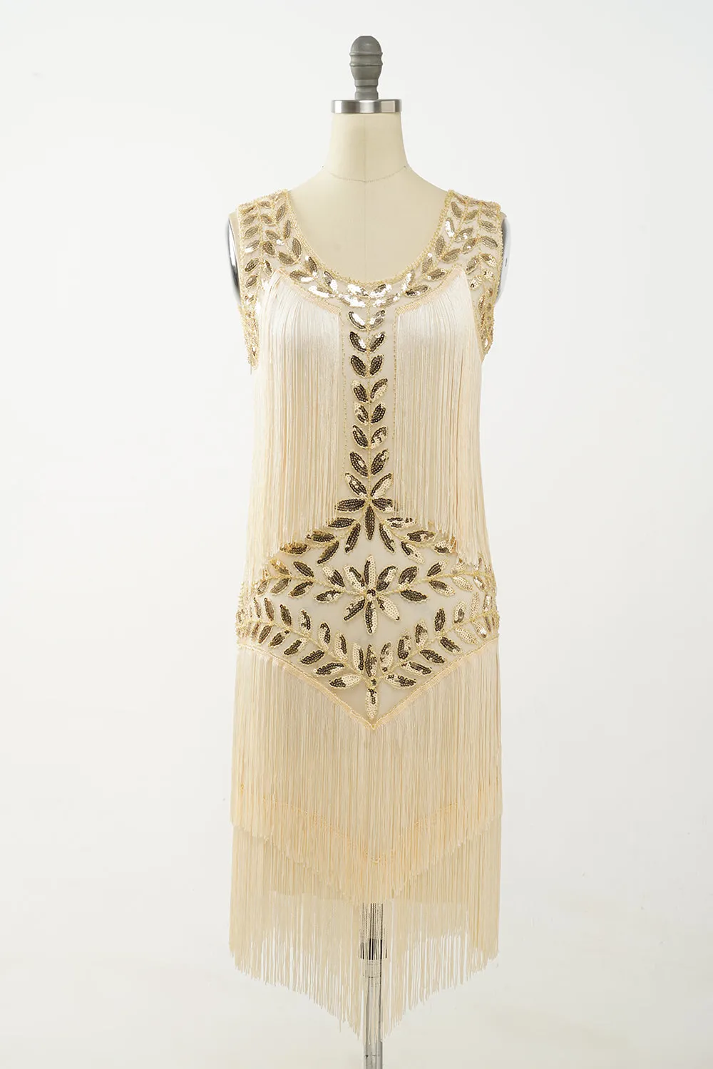 Champagne Gatsby 1920s Dress with Sequins and Fringes