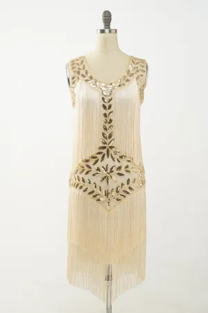 Champagne Gatsby 1920s Dress with Sequins and Fringes