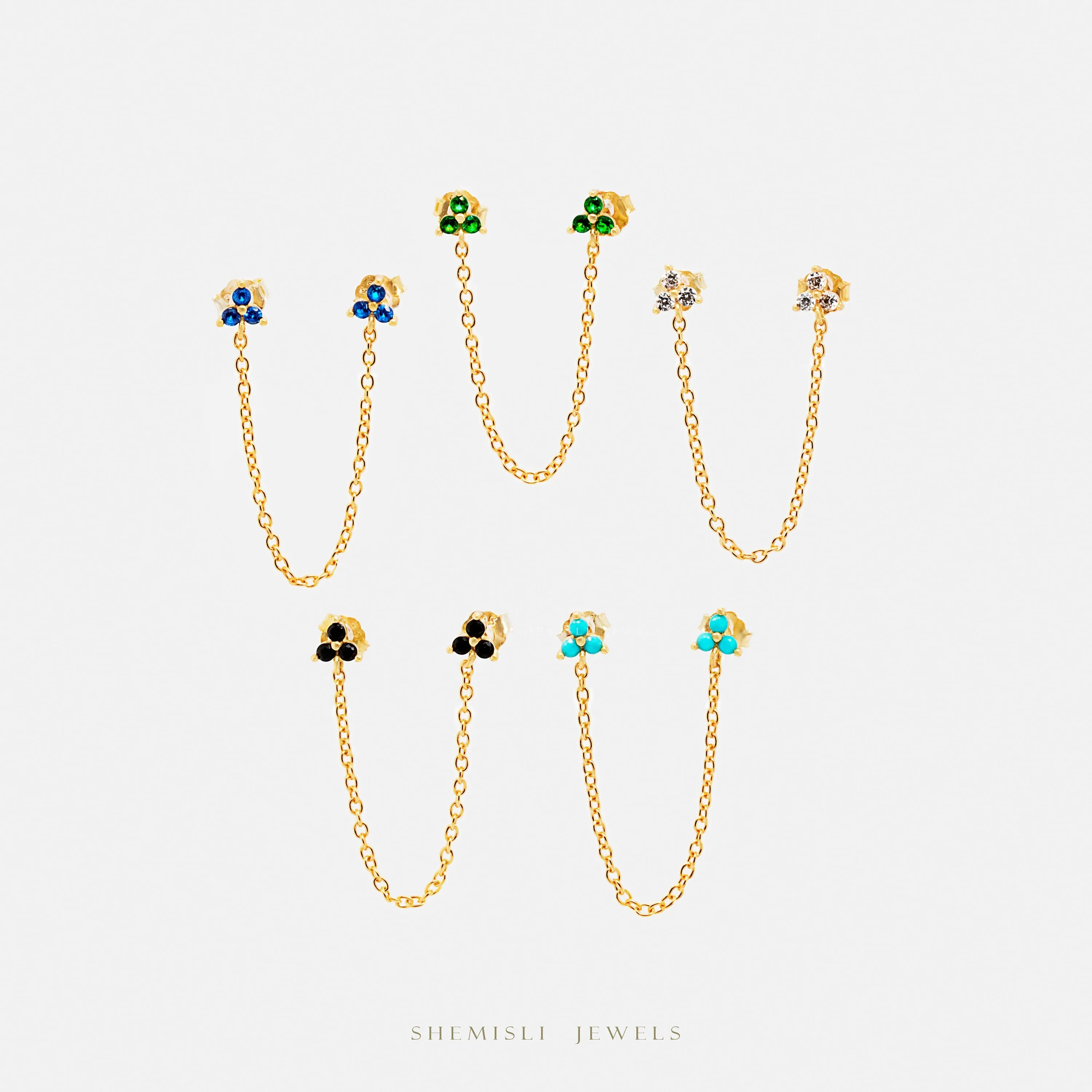 Clover Studs for Two Piercings, White, Emerald, Turquoise, Sapphire, Black, Unisex, Gold, Silver SHEMISLI SS147, SS317, SS318, SS319, SS320