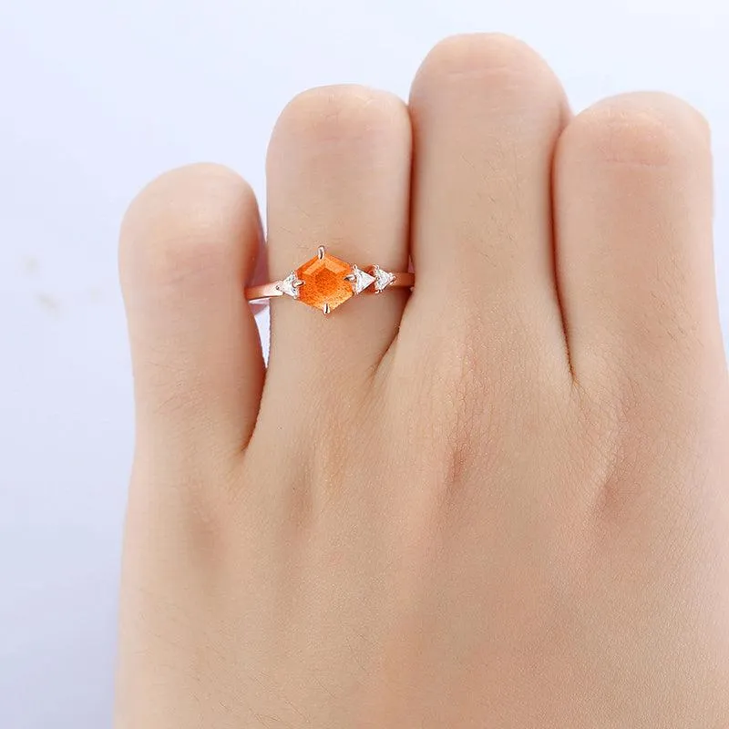 Cluster Natural Orange Sunstone 18k Rose Gold Half Eternity Bridal Eengagement Ring
