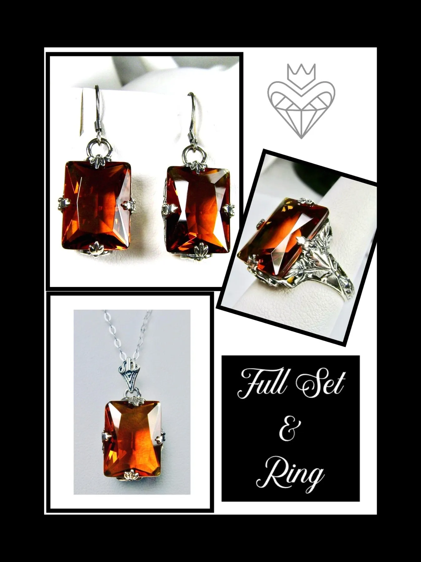 Cognac Citrine Jewelry Set, Rectangle Art Deco Set includes Ring, Earrings & Pendant #S15