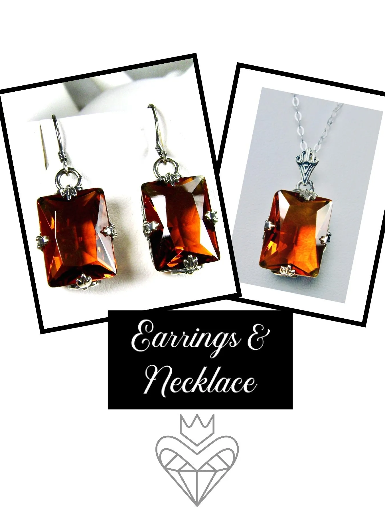 Cognac Citrine Jewelry Set, Rectangle Art Deco Set includes Ring, Earrings & Pendant #S15