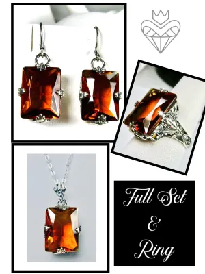Cognac Citrine Jewelry Set, Rectangle Art Deco Set includes Ring, Earrings & Pendant #S15