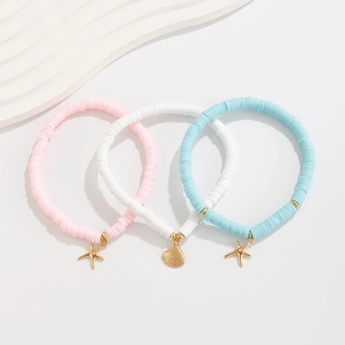 Colorful Layered Shell Starfish Charm Polymer Clay Chain Bracelet Set