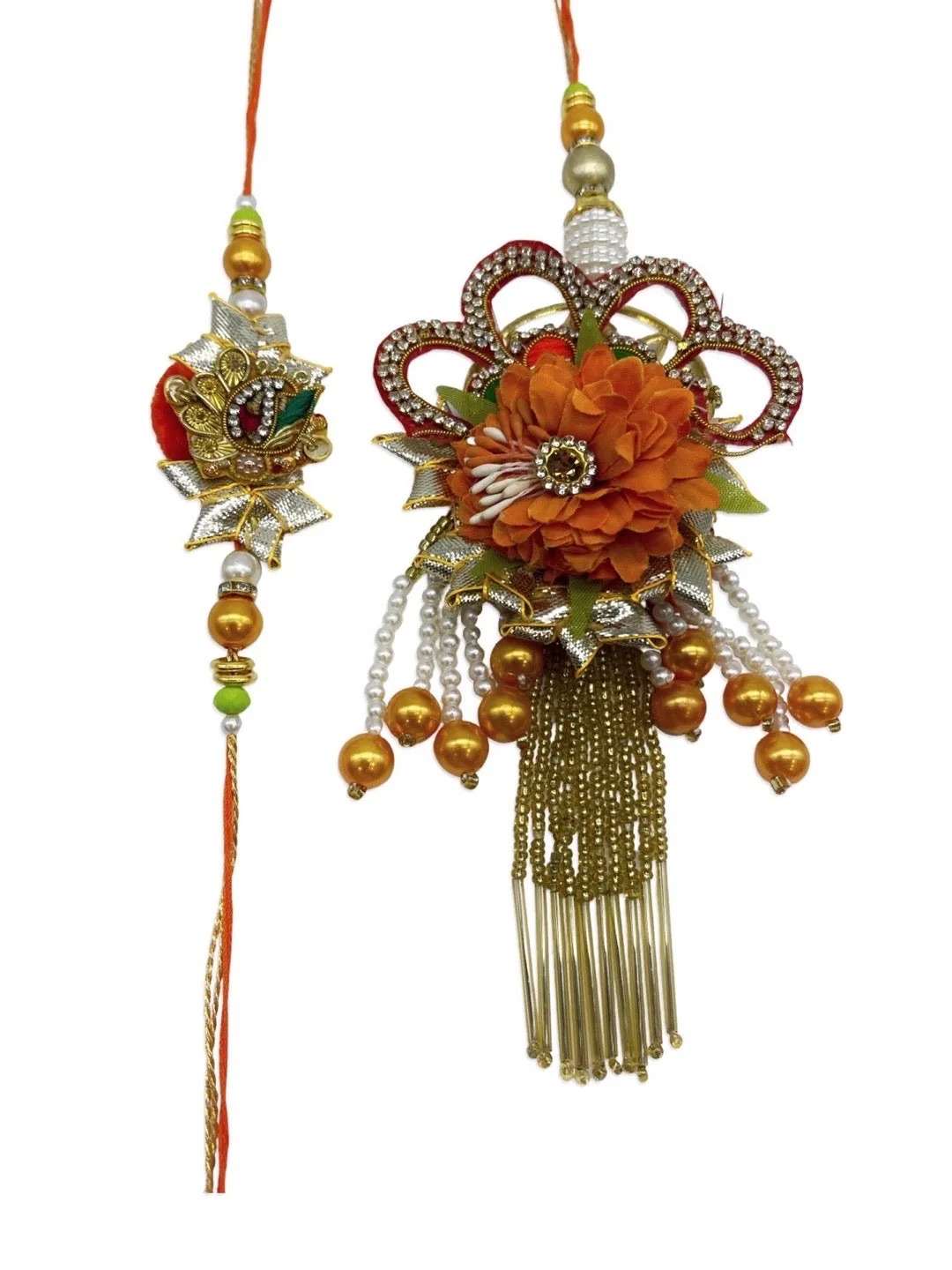 (Combo of 2) Designer Rakhi Lumba Set Orange Floral/Pearl Designs Rakhi For Brother And Bhabhi