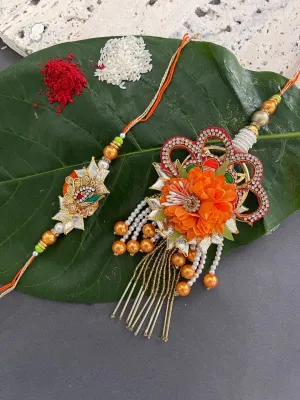 (Combo of 2) Designer Rakhi Lumba Set Orange Floral/Pearl Designs Rakhi For Brother And Bhabhi
