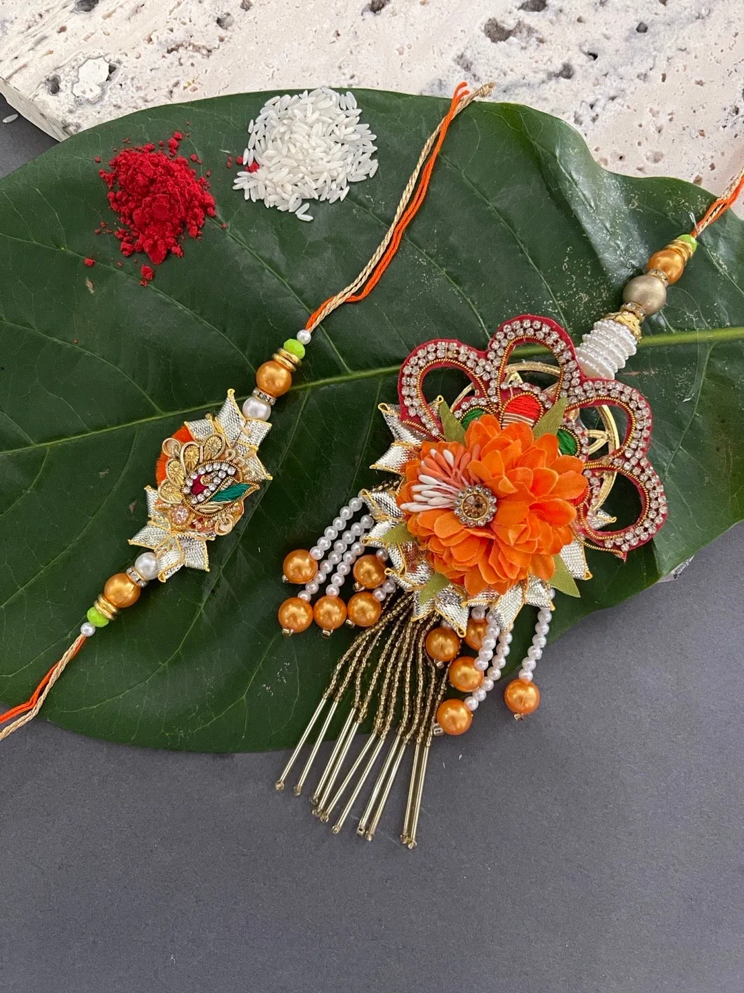 (Combo of 2) Designer Rakhi Lumba Set Orange Floral/Pearl Designs Rakhi For Brother And Bhabhi