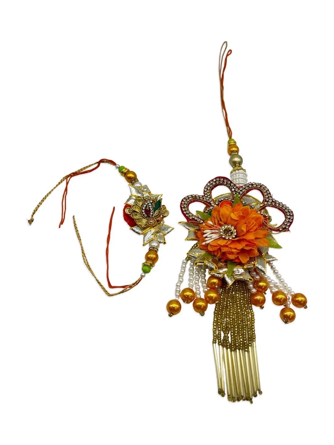(Combo of 2) Designer Rakhi Lumba Set Orange Floral/Pearl Designs Rakhi For Brother And Bhabhi