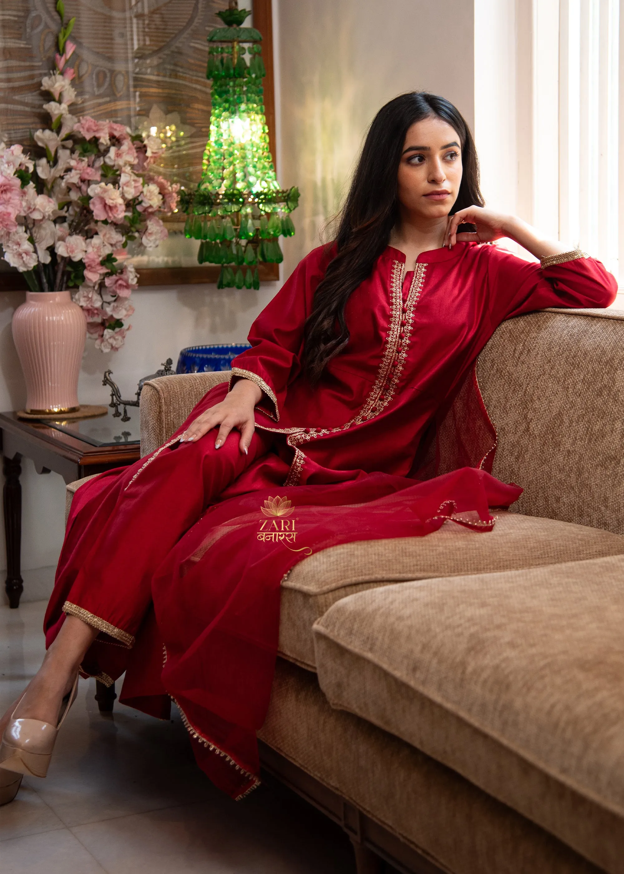 Crimson Lattice Adorn Suit-Set of 3