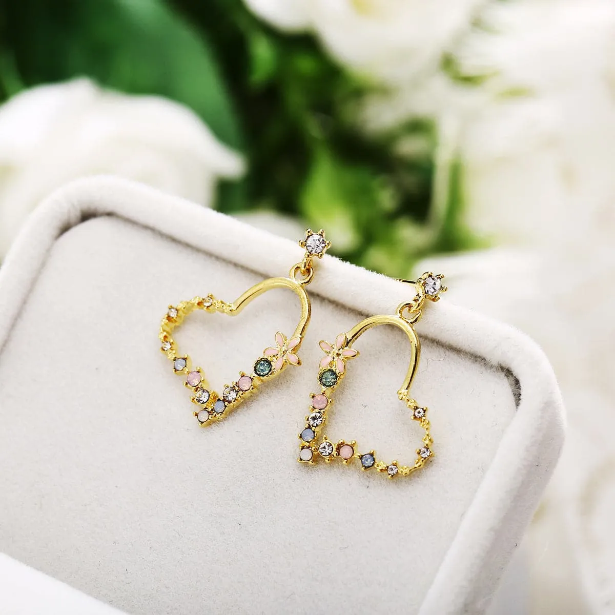 Cubic Zirconia & 18K Gold-Plated Flower Heart Dangle Earrings