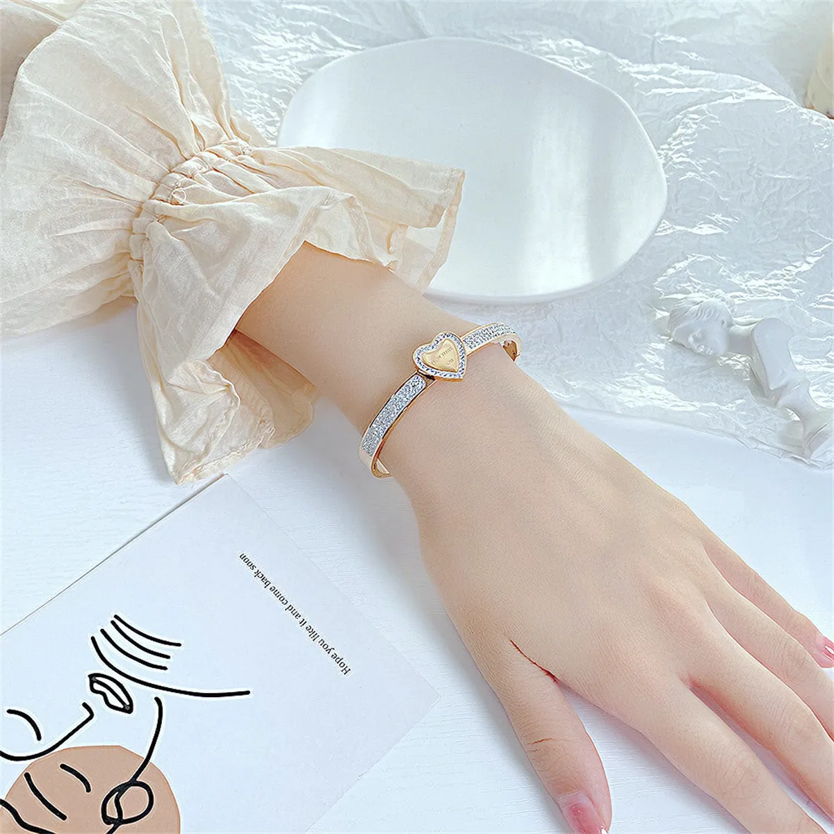 Cubic Zirconia & 18K Gold-Plated Halo Heart Bangle