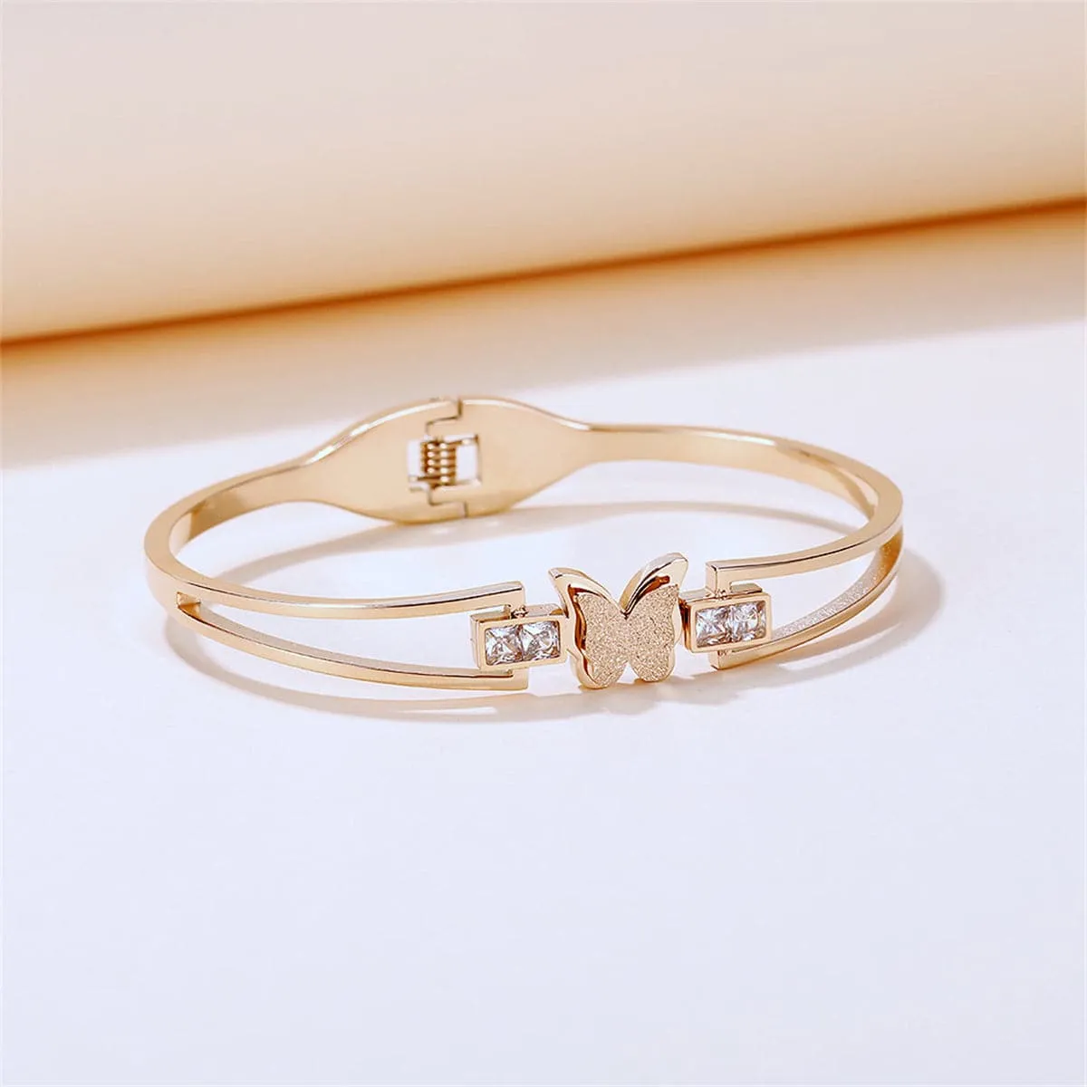 Cubic Zirconia & 18K Rose Gold-Plated Frosted Butterfly Layered Band Bangle