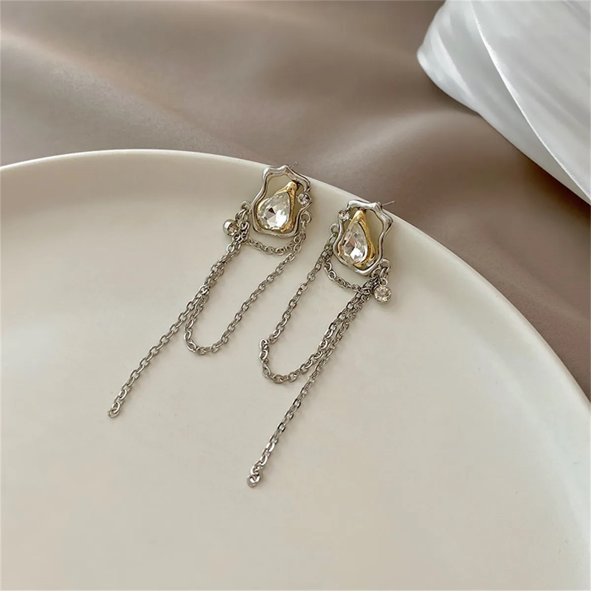 Cubic Zirconia & Crystal Abstract Chain Drop Earrings