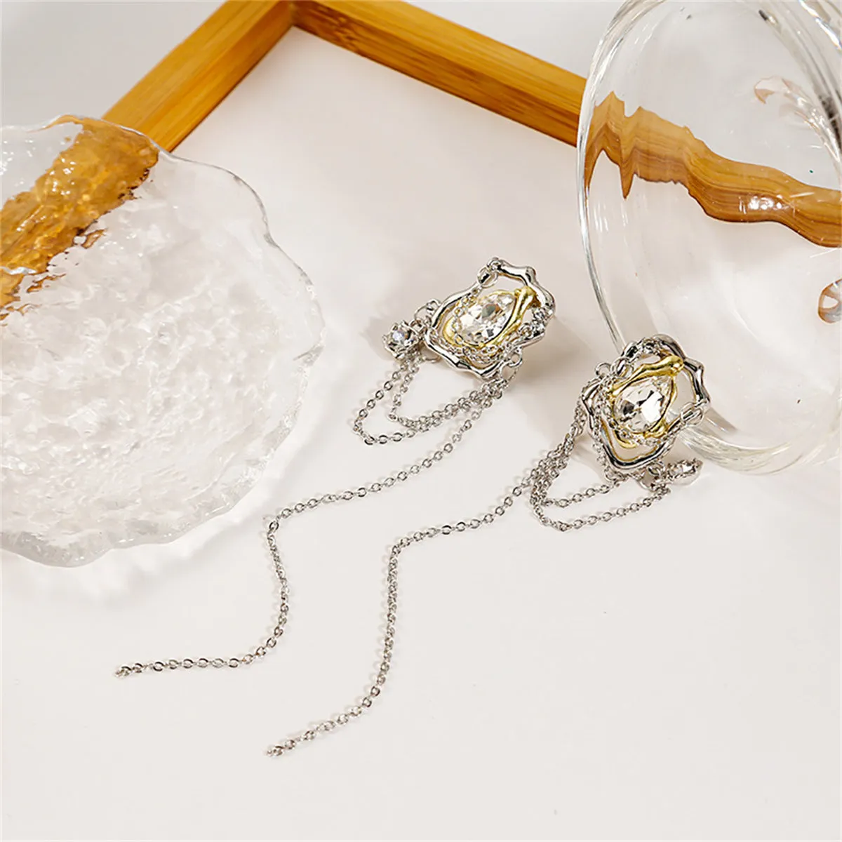 Cubic Zirconia & Crystal Abstract Chain Drop Earrings