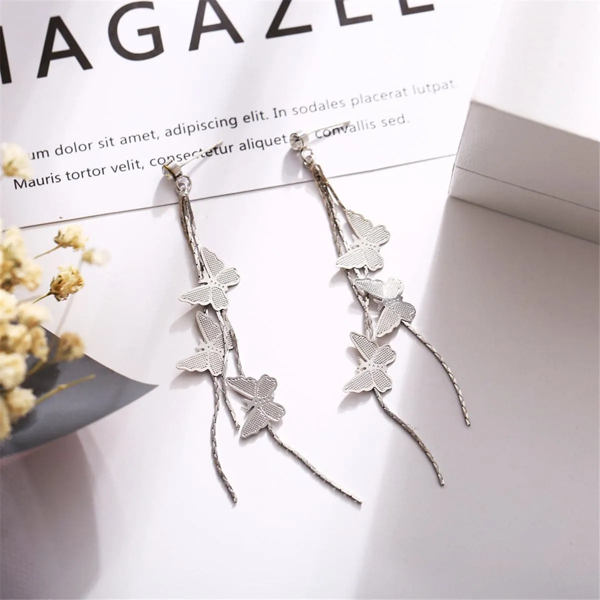Cubic Zirconia & Silver-Plated Butterflies Drop Earrings