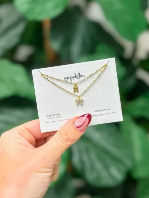 Cubic Zirconia Layered Bow Necklace - Gold