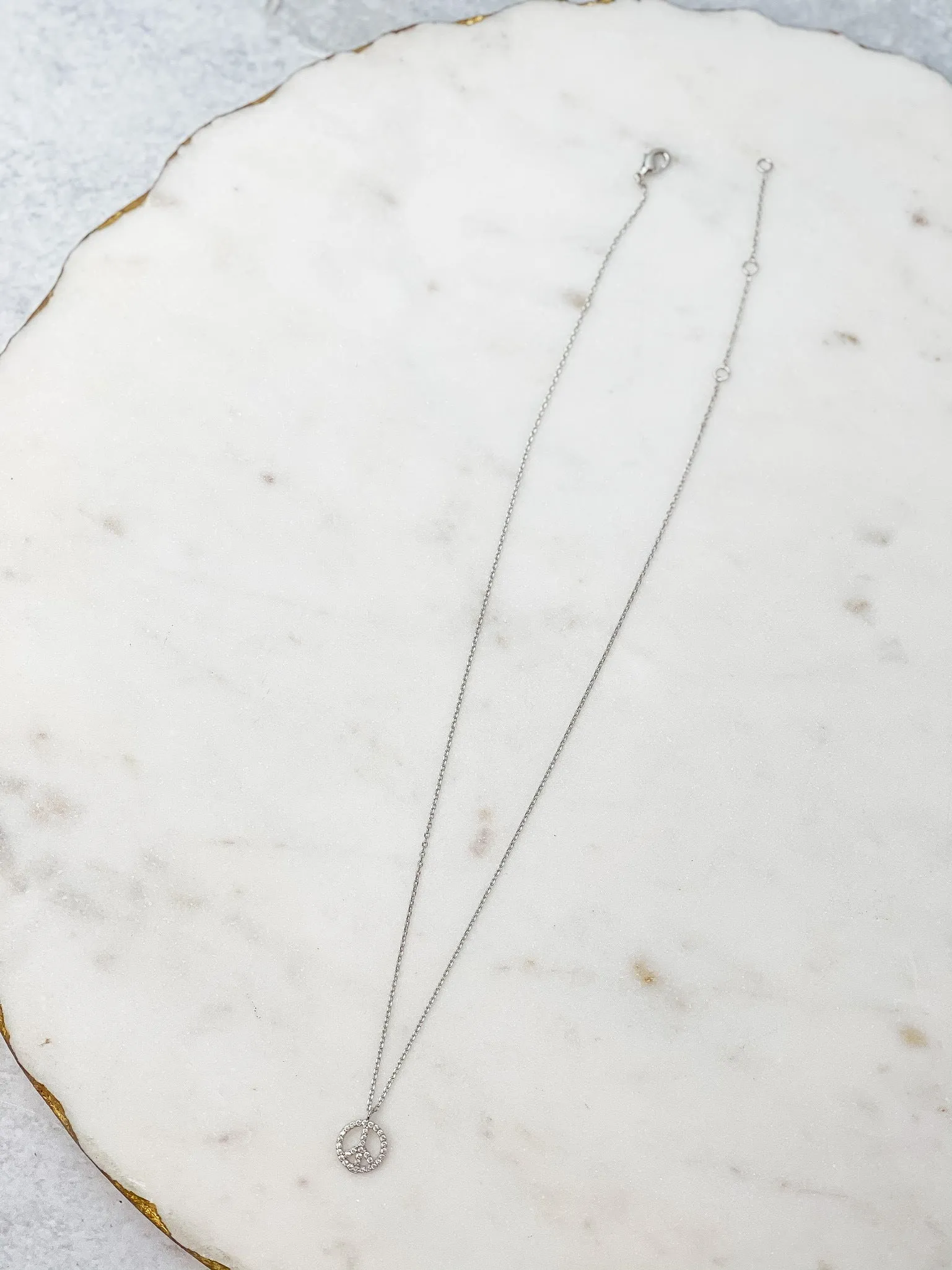 Cubic Zirconia Peace Sign Dainty Necklace - Silver