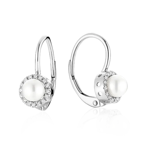 Cultured Freshwater Pearl & Diamonds Dangle Earrings