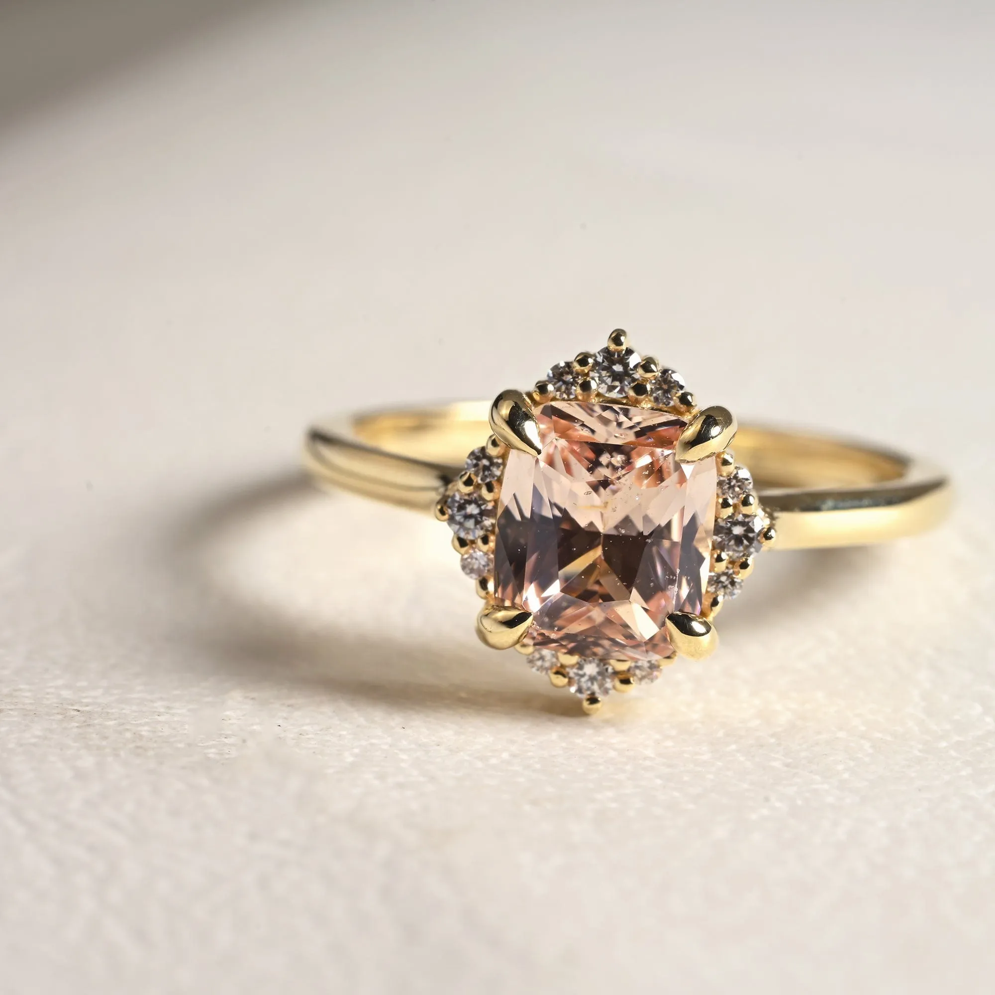 Custom 1.38ct Peach Cushion Sapphire & Diamond Engagement Ring