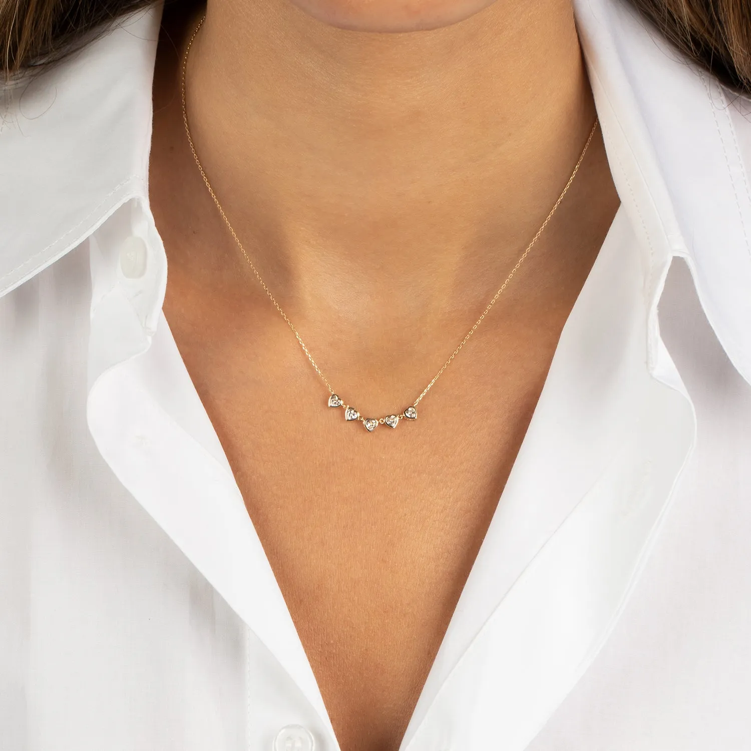 CZ Bezel Hearts Necklace 14K
