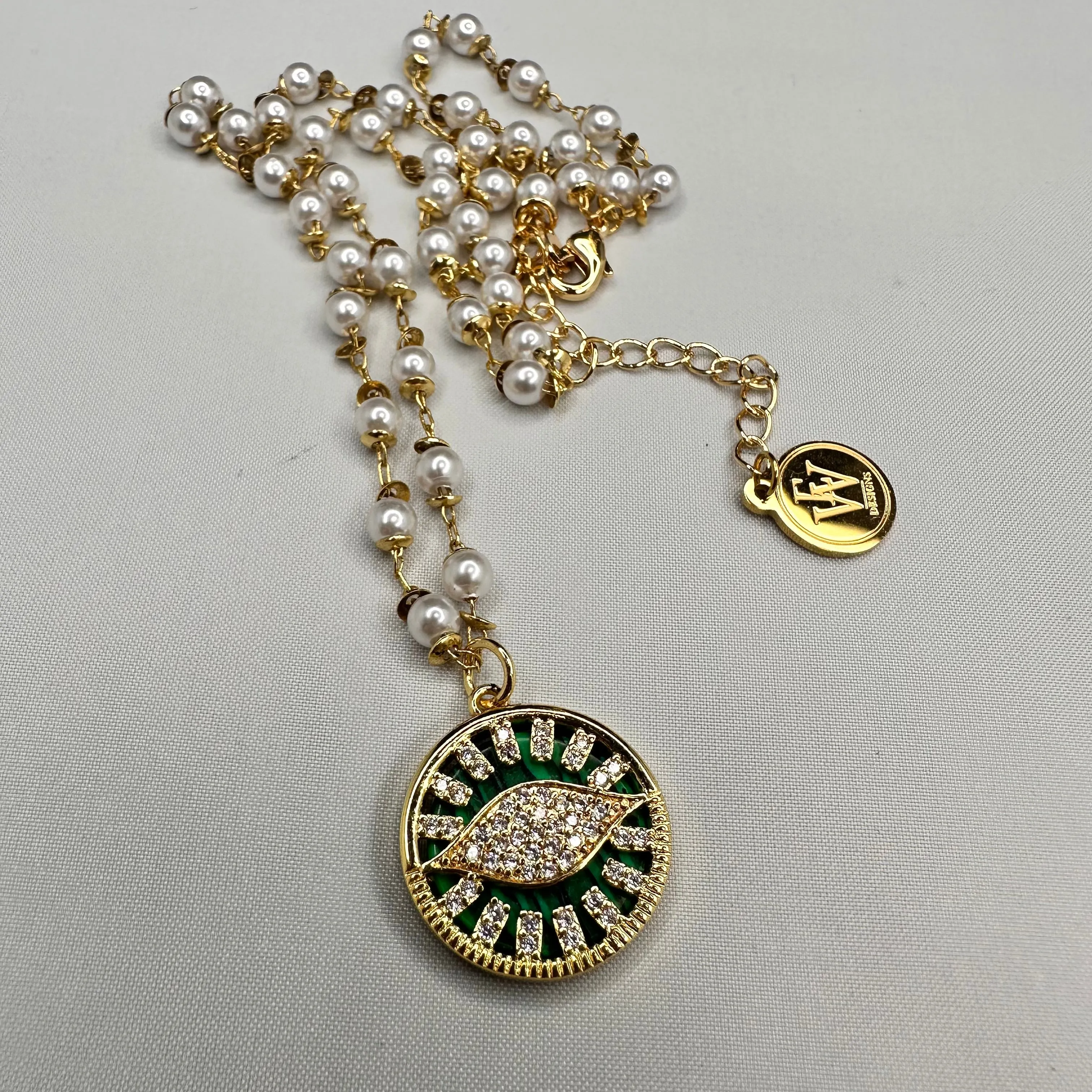 CZ Evil Eye Pendant in Faux Pearl Dainty Necklace | Erika Williner Designs