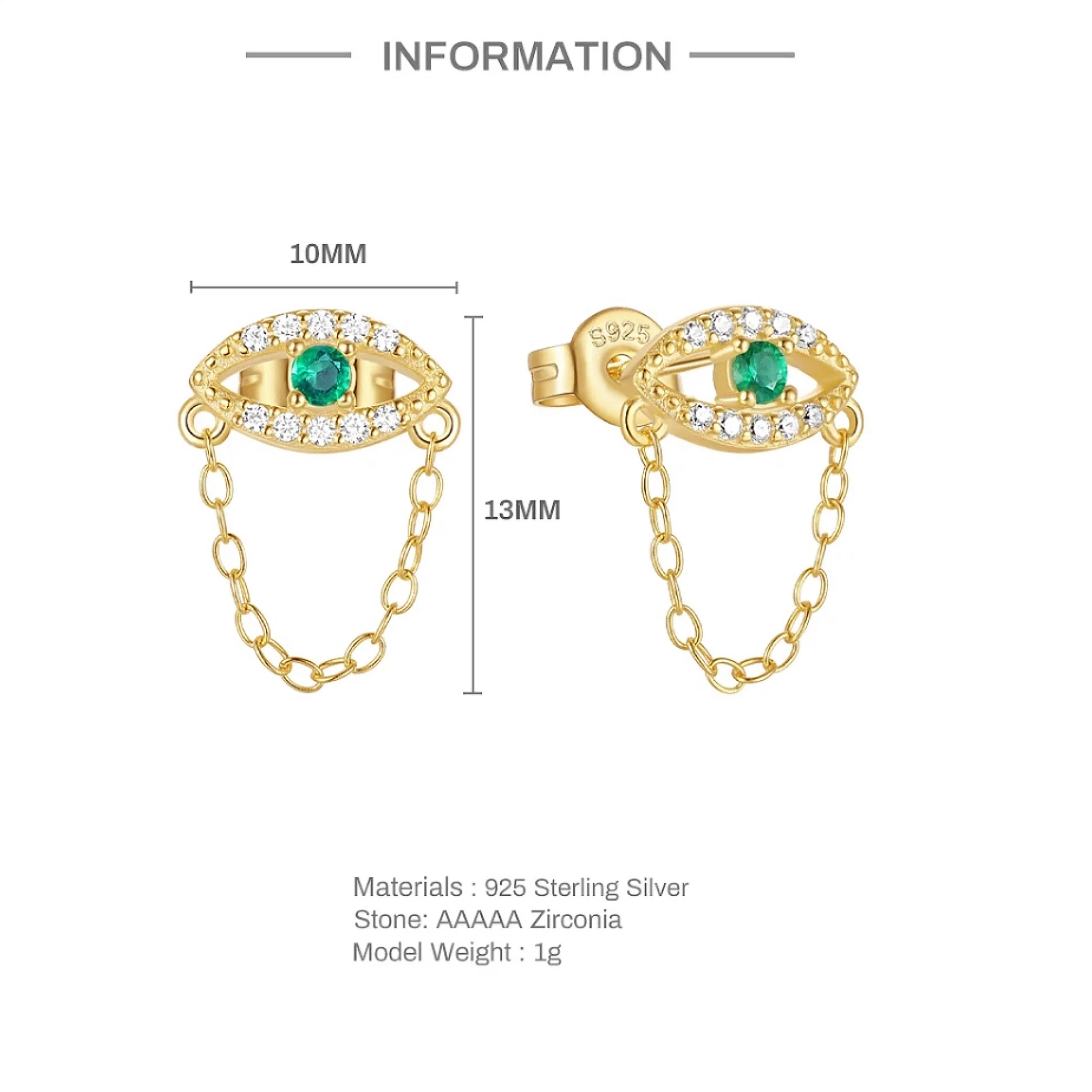 CZ Green Evil Eye Chain Stud Earrings - Gold