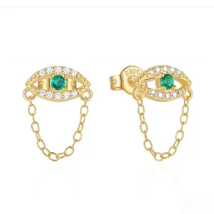 CZ Green Evil Eye Chain Stud Earrings - Gold
