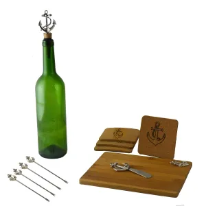 (D) Wooden Cheese Board with Silver Picks, Stopper, Knife, Coasters 11pc 'Ancor'