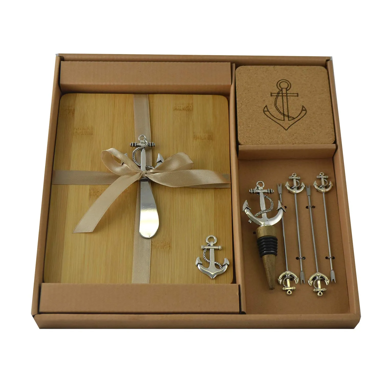(D) Wooden Cheese Board with Silver Picks, Stopper, Knife, Coasters 11pc 'Ancor'