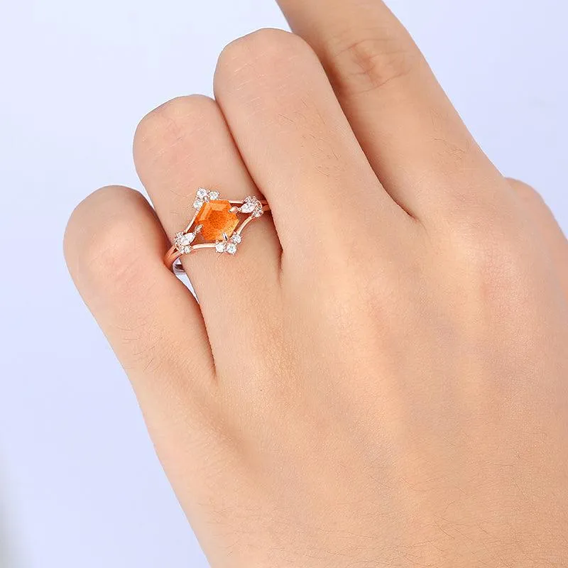 Dainty 0.8 Carat 14k Rose Gold Halo Natural Orange Sunstone Cluster Engagement Ring