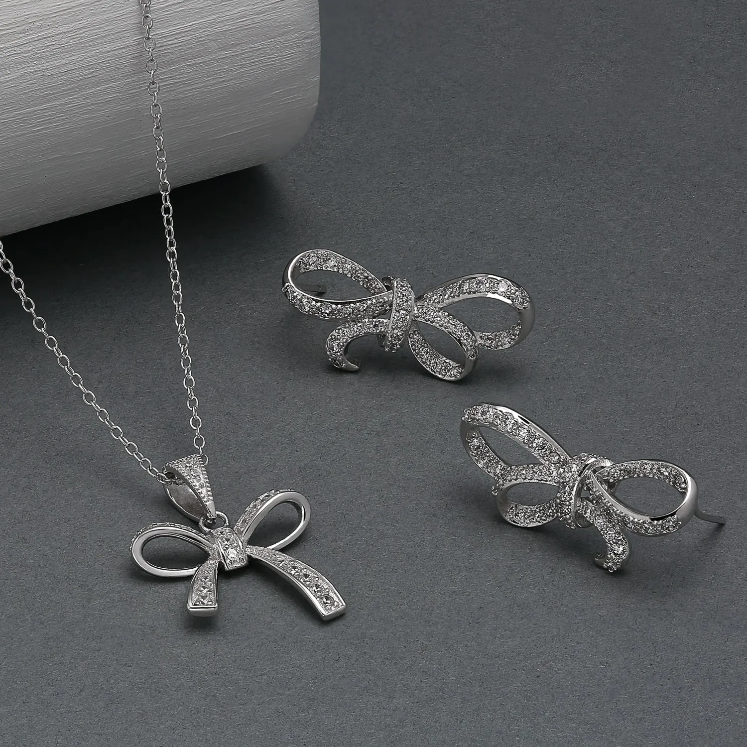 Dainty Bridal Necklace with Clear Cubic Zirconia Bow Pendant in Sterling Silver