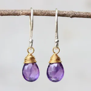 Dainty round drop natural amethyst earrings ~ February birthstone earrings, sterling silver drop earrings with wire wrap purple amethyst