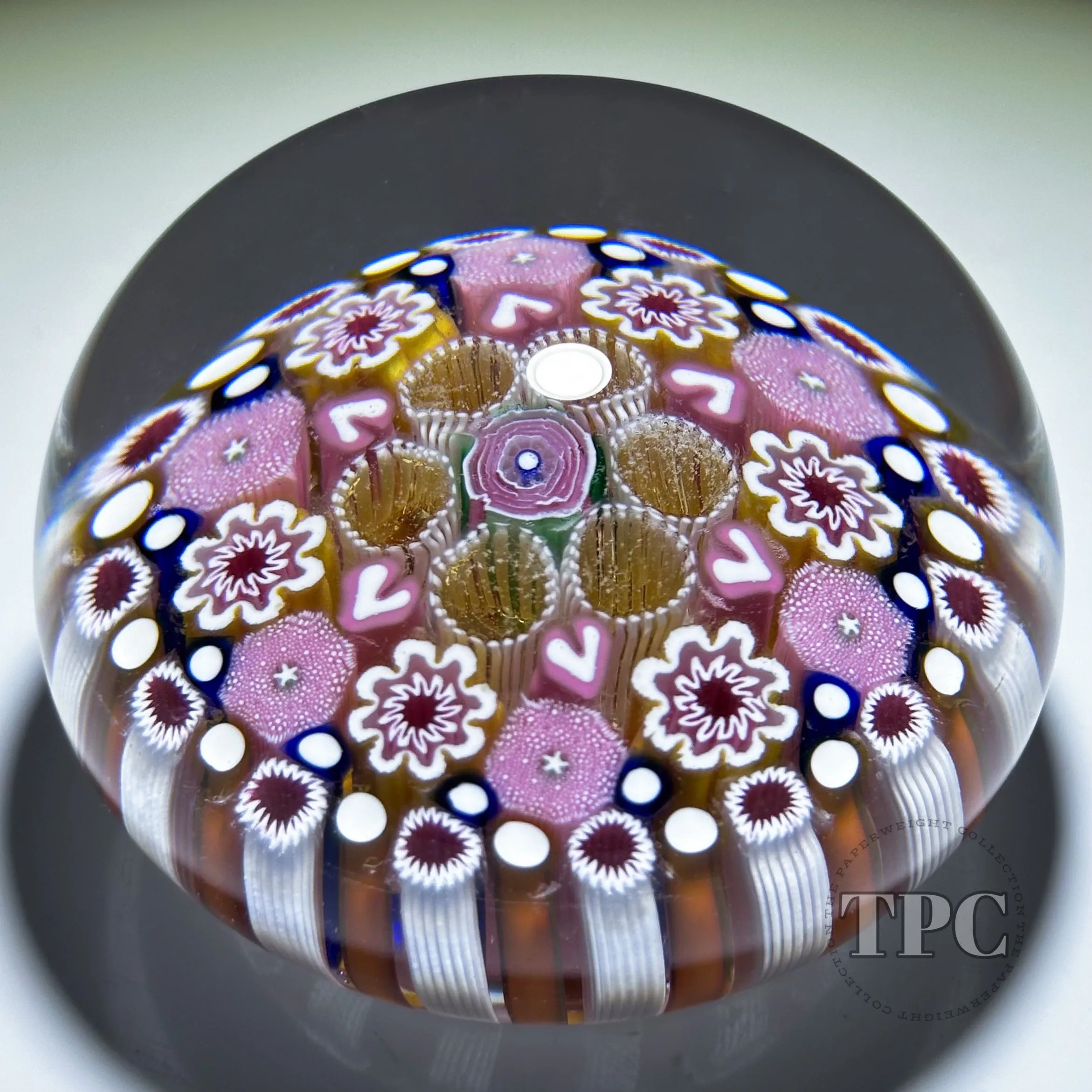 Damon MacNaught 2024 Glass Art Paperweight Concentric Complex Millefiori w/ Pink Hearts
