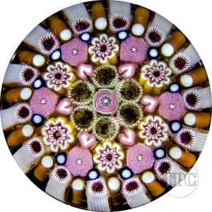 Damon MacNaught 2024 Glass Art Paperweight Concentric Complex Millefiori w/ Pink Hearts