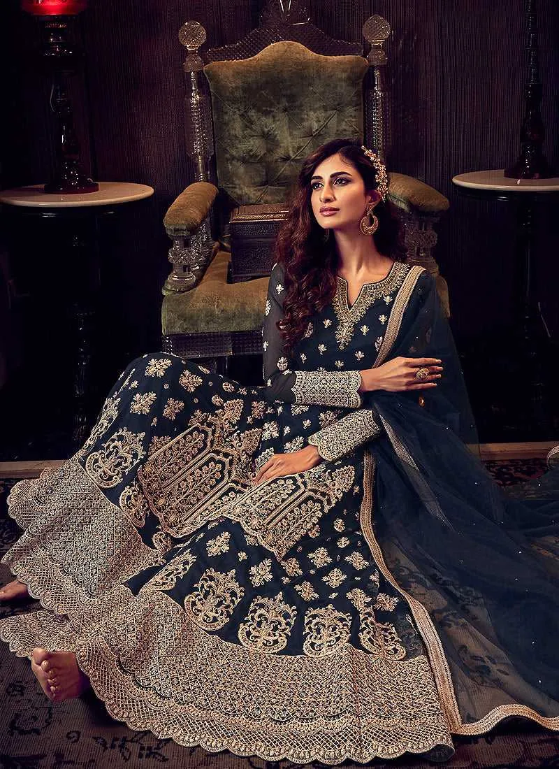 Dark Blue Heavy Embroidered Sharara Style Suit