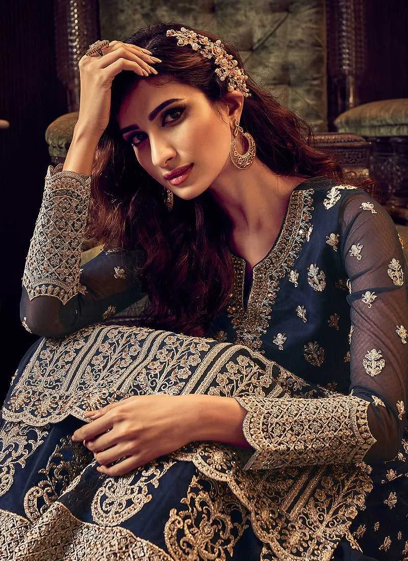 Dark Blue Heavy Embroidered Sharara Style Suit