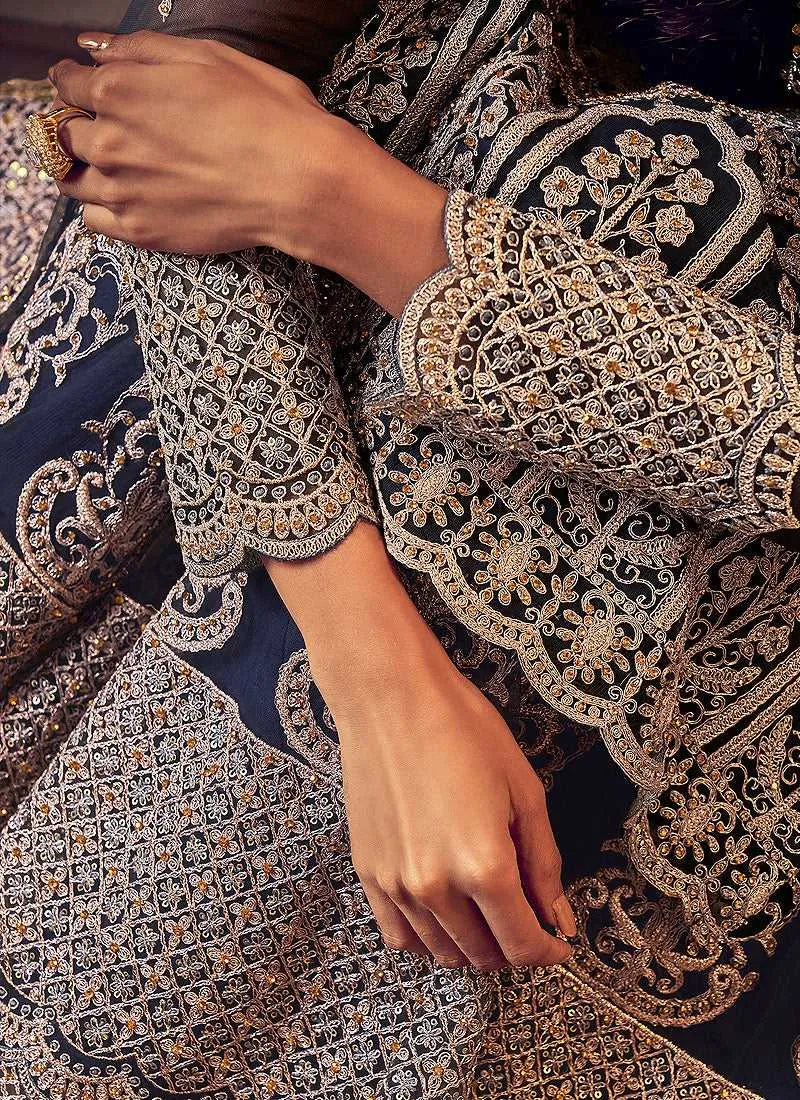 Dark Blue Heavy Embroidered Sharara Style Suit