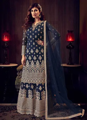 Dark Blue Heavy Embroidered Sharara Style Suit