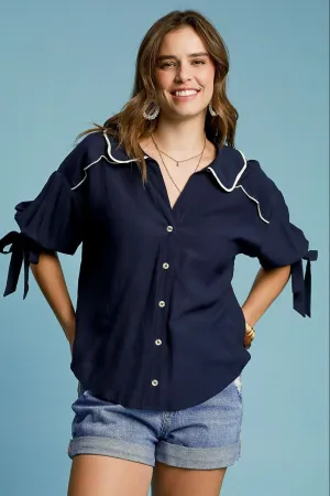Dark Navy Embroidered Detail Button Down Shirt