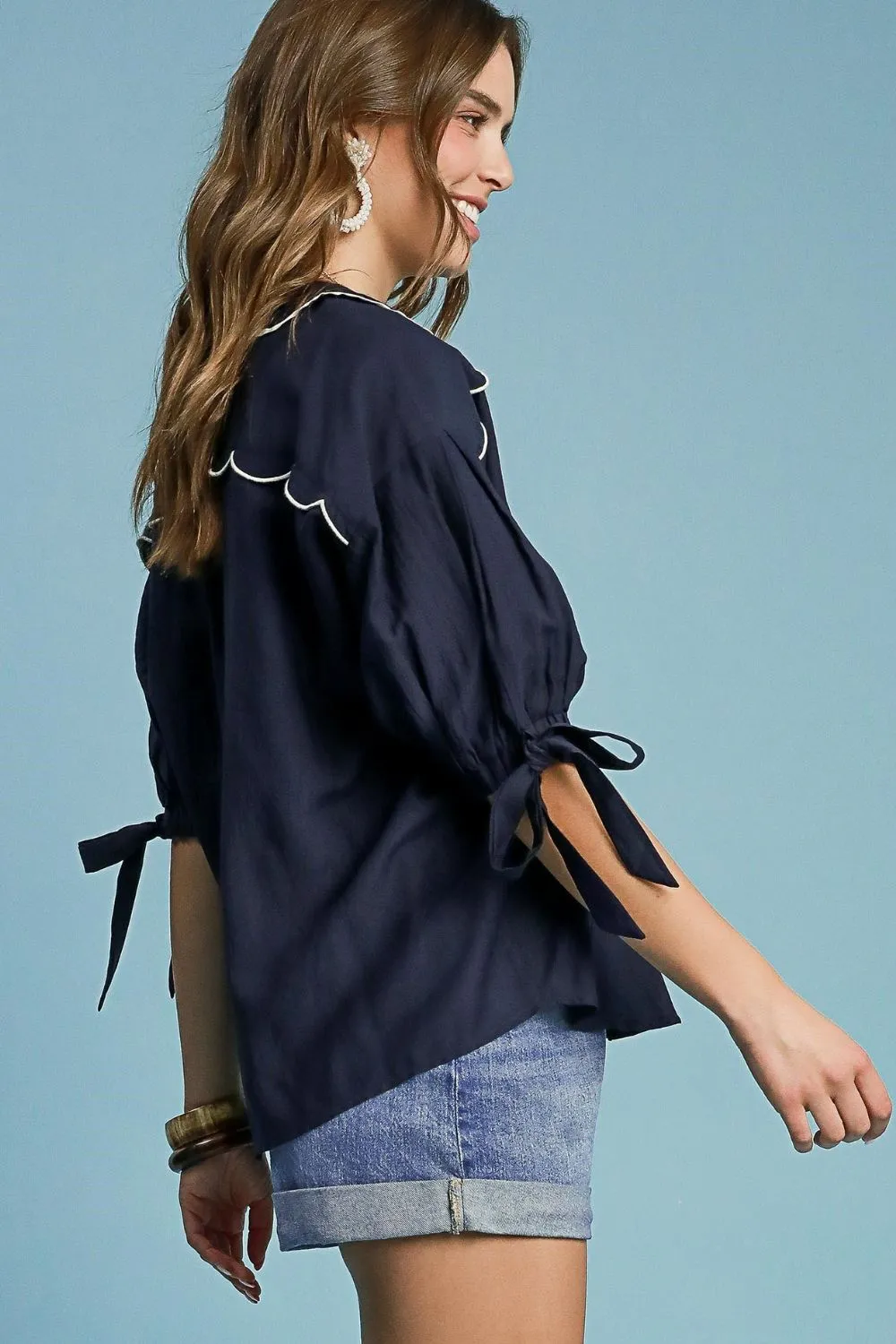 Dark Navy Embroidered Detail Button Down Shirt