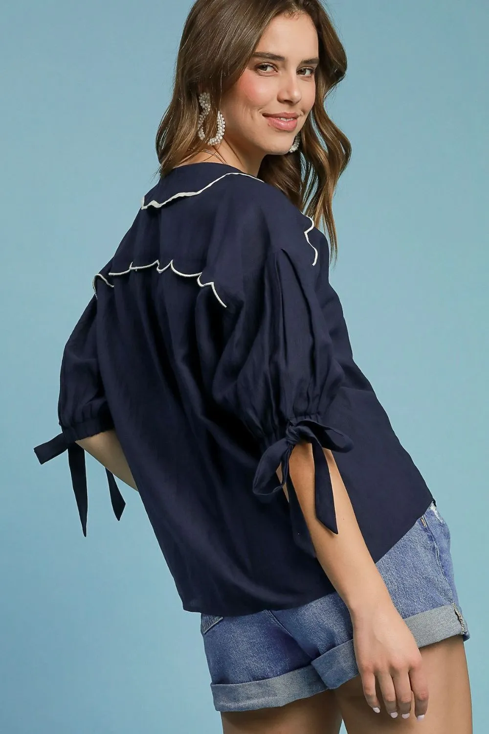 Dark Navy Embroidered Detail Button Down Shirt