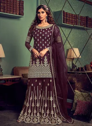 Dark Purple Heavy Embroidered Sharara Style Suit