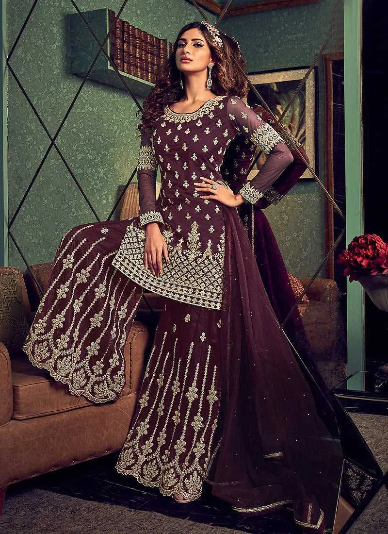 Dark Purple Heavy Embroidered Sharara Style Suit